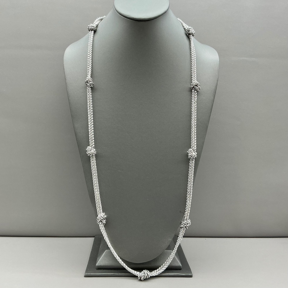 Knot Station Rope Chain Necklace Women Silver Tone Toggle Clasp Long Layering